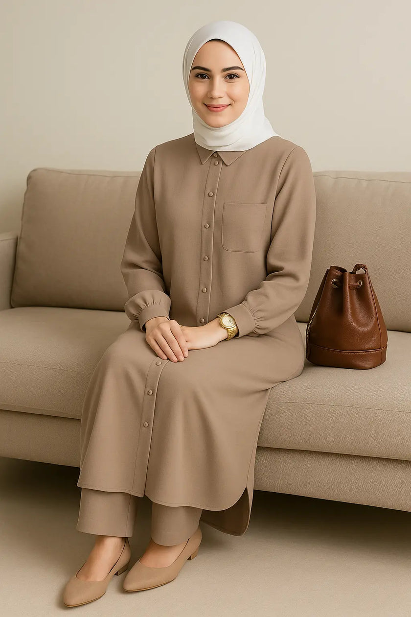Modest Button-Down Two-Piece Set | Flowy Tunic & Trousers Zari Hijabeez