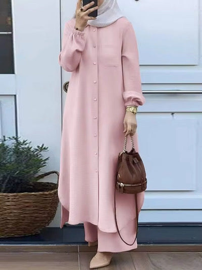 Modest Button-Down Two-Piece Set | Flowy Tunic & Trousers