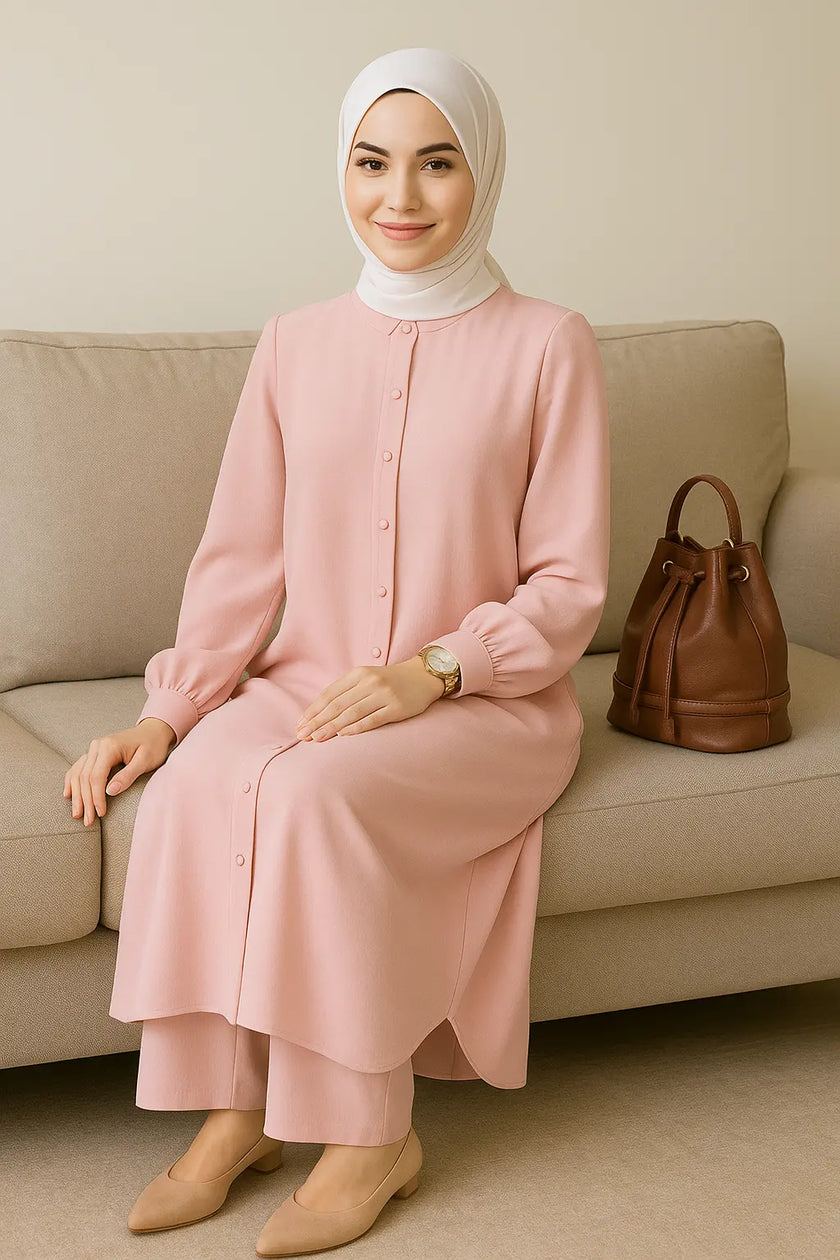Modest Button-Down Two-Piece Set | Flowy Tunic & Trousers Zari Hijabeez