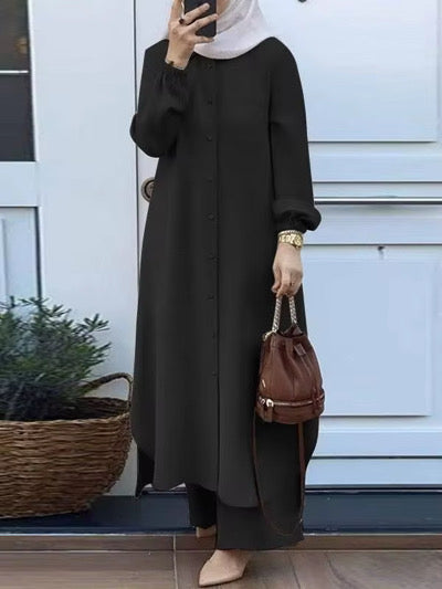 Modest Button-Down Two-Piece Set | Flowy Tunic & Trousers