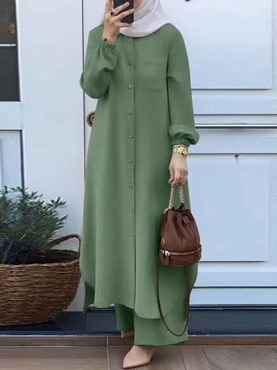 Modest Button-Down Two-Piece Set | Flowy Tunic & Trousers