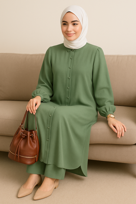 Modest Button-Down Two-Piece Set | Flowy Tunic & Trousers