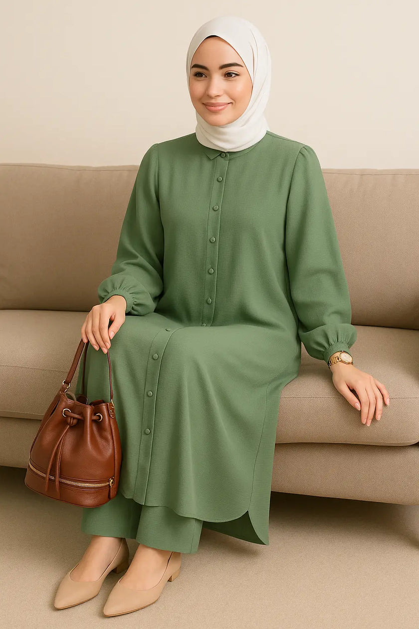 Modest Button-Down Two-Piece Set | Flowy Tunic & Trousers Zari Hijabeez