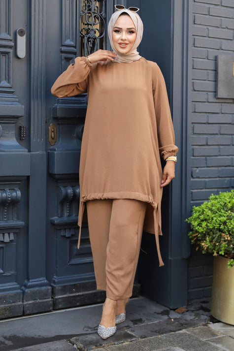 Modest Button-Down Two-Piece Set – Elegant Long Shirt with Matching Trousers