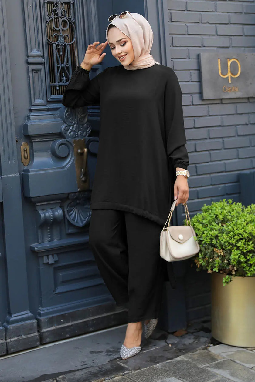 Modest Button-Down Two-Piece Set – Elegant Long Shirt with Matching Trousers Zari Hijabeez