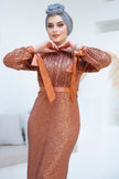 full-length copper sequin gown with ribbon tie sleeves, ideal for weddings and festive occasions – Zari Hijabeez