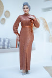 full-length copper sequin gown with ribbon tie sleeves, ideal for weddings and festive occasions – Zari Hijabeez