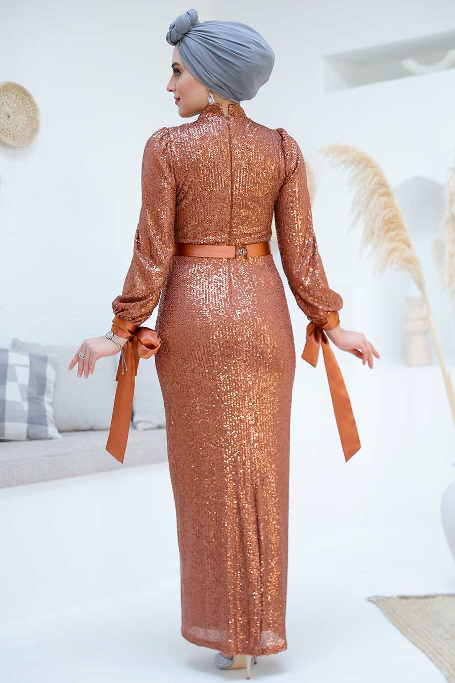 full-length copper sequin gown with ribbon tie sleeves, ideal for weddings and festive occasions – Zari Hijabeez