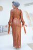 full-length copper sequin gown with ribbon tie sleeves, ideal for weddings and festive occasions – Zari Hijabeez