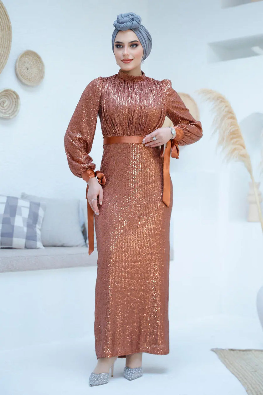 Elegant Sequin Maxi Gown – Champagne & Copper Glamour Zari Hijabeez