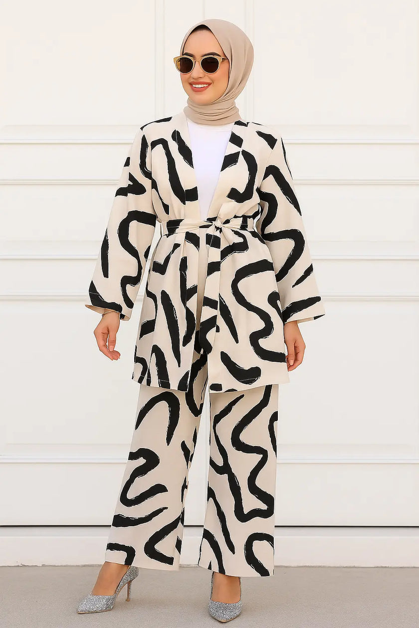 Modest Two-Piece Printed Set – Belted Kimono Top & Wide-Leg Pants Zari Hijabeez