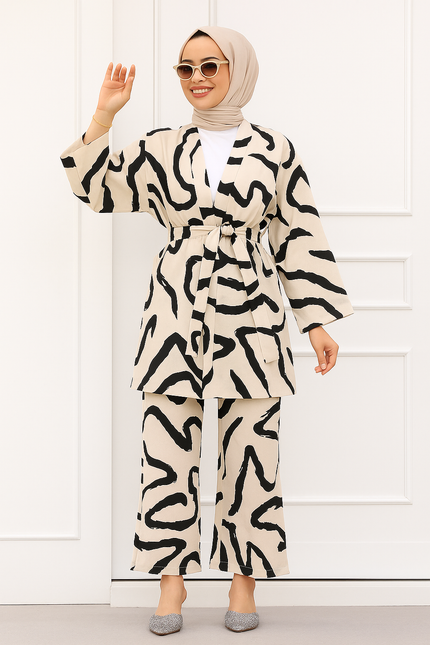 Modest Two-Piece Printed Set – Belted Kimono Top & Wide-Leg Pants