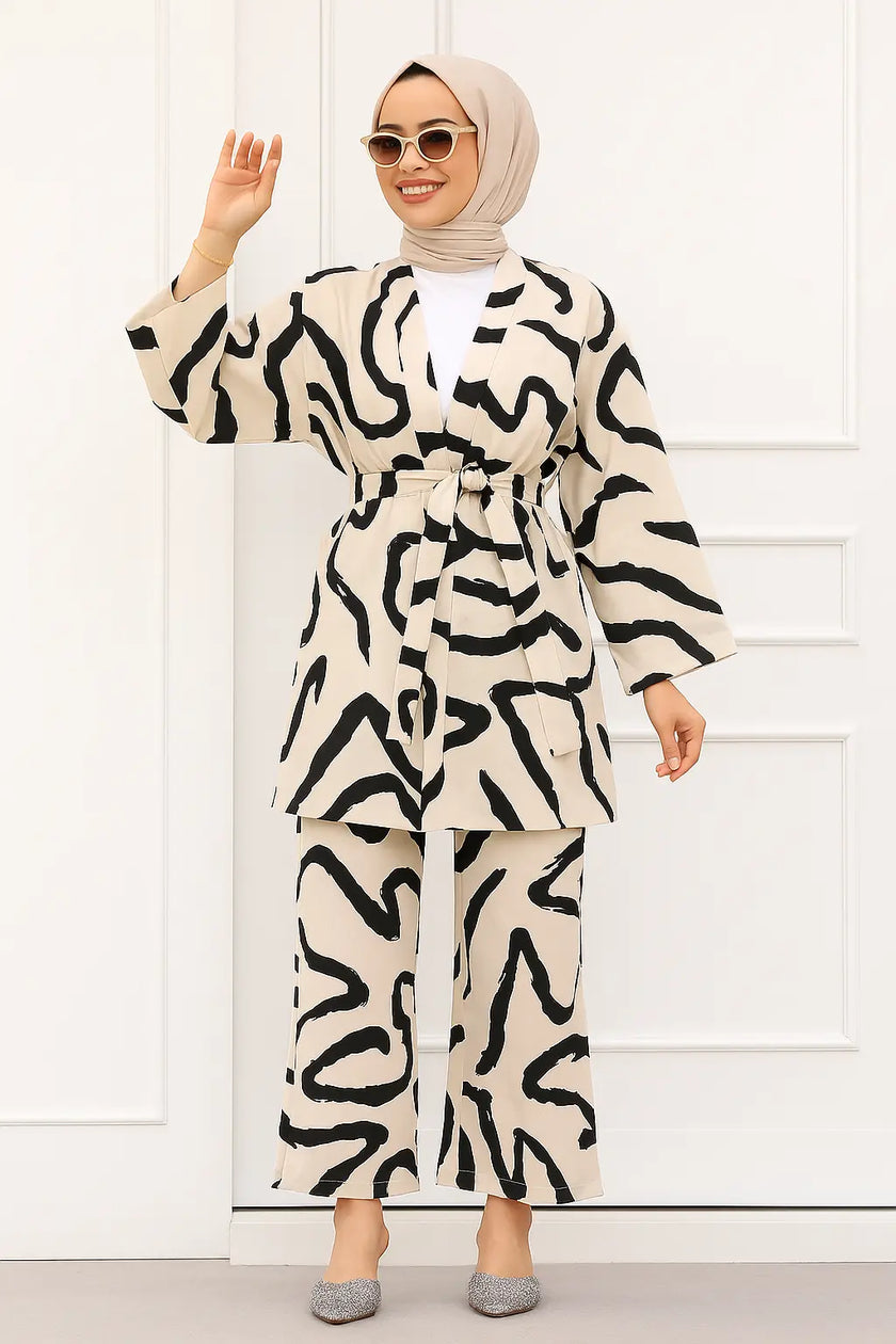 Modest Two-Piece Printed Set – Belted Kimono Top & Wide-Leg Pants Zari Hijabeez