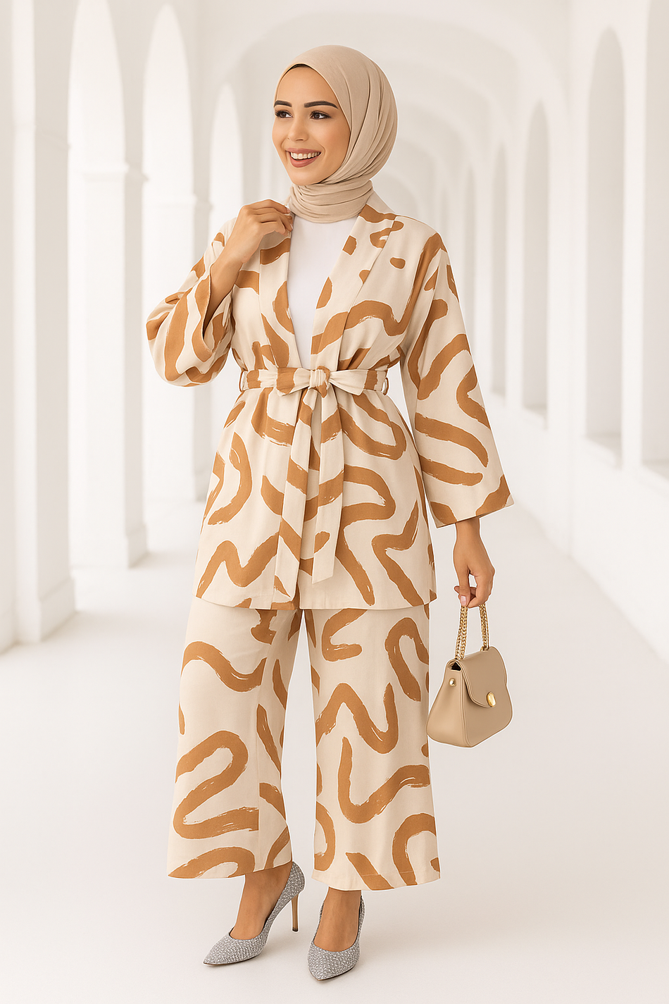 Modest Two-Piece Printed Set – Belted Kimono Top & Wide-Leg Pants