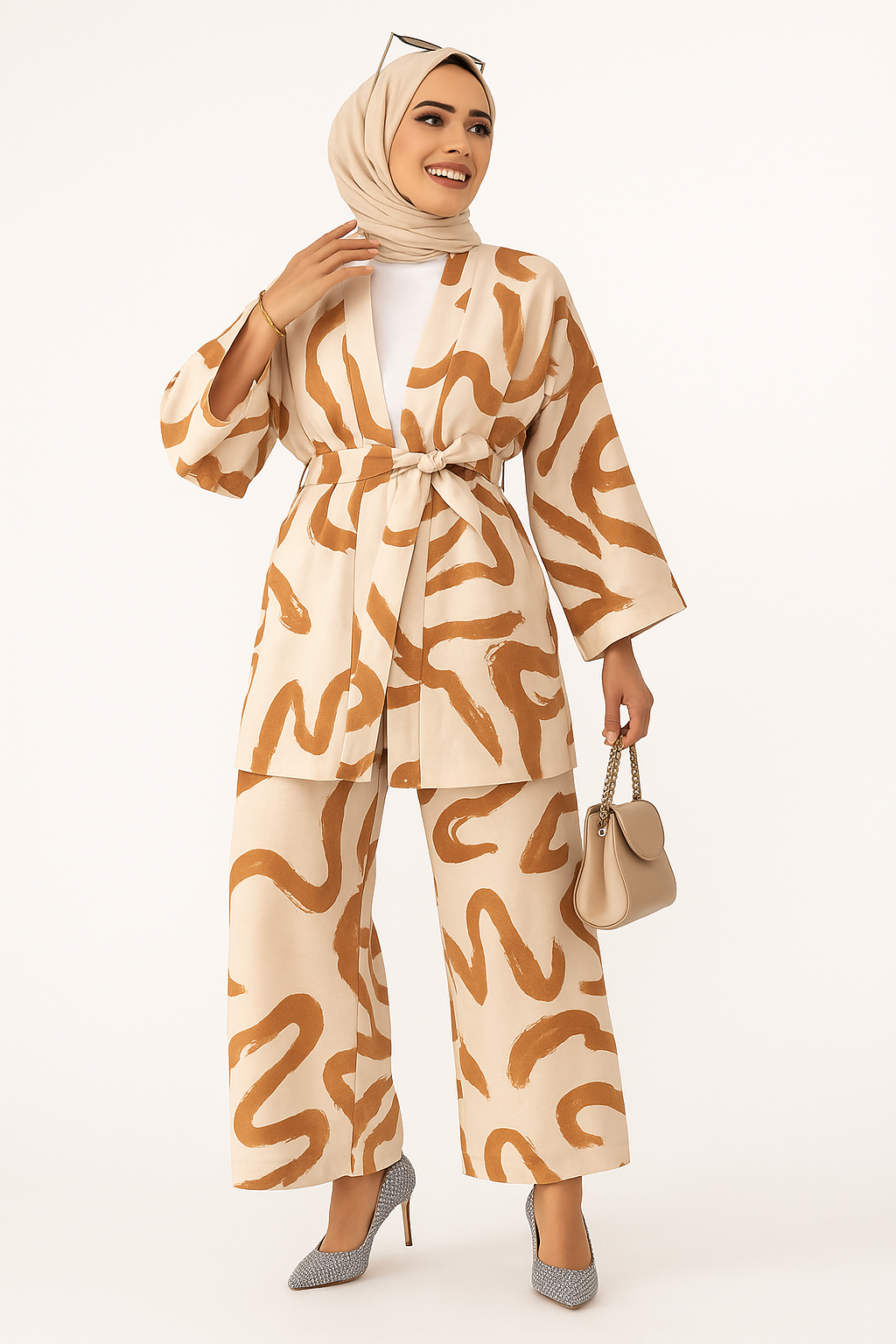 Modest Two-Piece Printed Set – Belted Kimono Top & Wide-Leg Pants