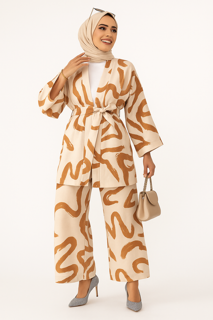 Modest Two-Piece Printed Set – Belted Kimono Top & Wide-Leg Pants