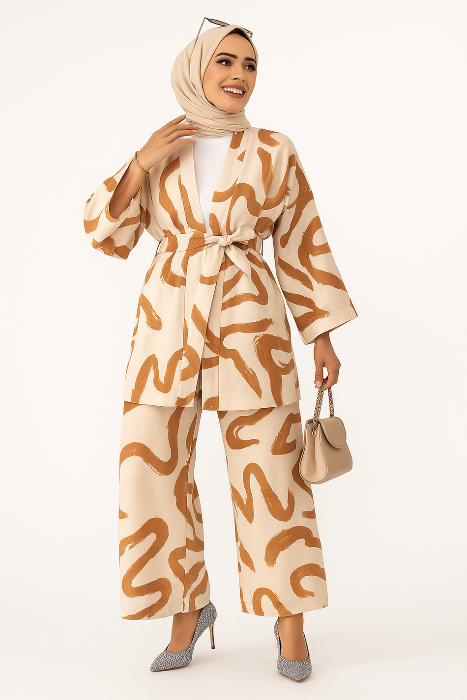 Modest Two-Piece Printed Set – Belted Kimono Top & Wide-Leg Pants