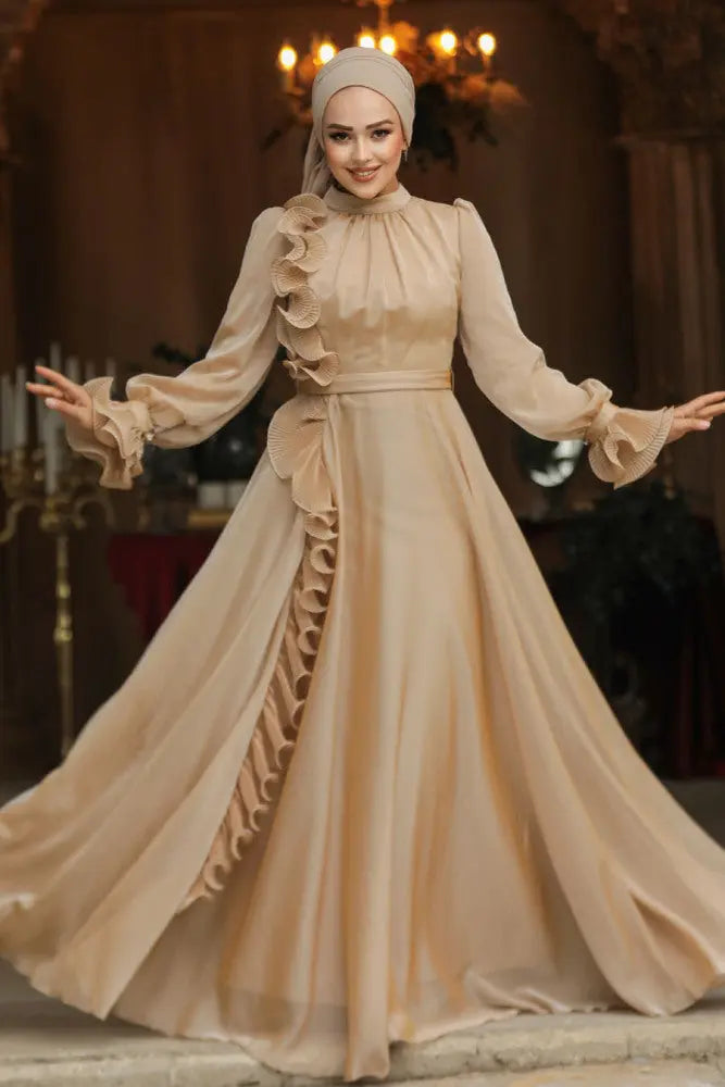 Elegant Ruffle Detail Modest Gown - Zari Hijabeez Elegant Ruffle Detail Modest Gown - Zari Hijabeez