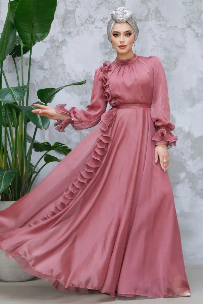Elegant dusty rose modest gown with statement ruffle accents and lightweight satin chiffon material, ideal for formal occasions.