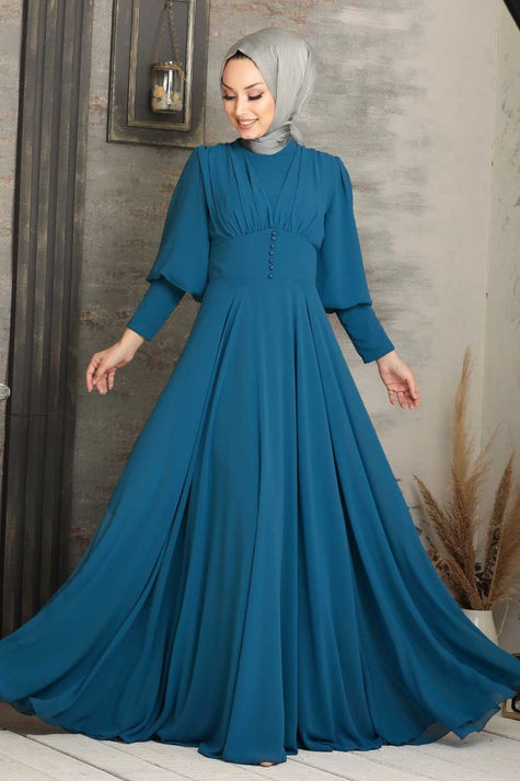 Teal Blue Modest Gown – Flared Dress with Button Detail