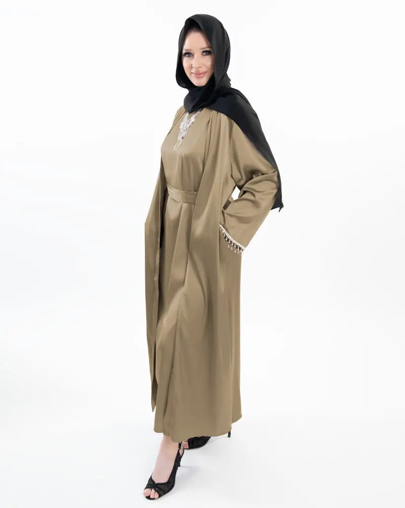 Three-piece textured abaya set with crystal lace, including a flowing cardigan, soft liner, and adjustable belt. Luxurious, breathable, and perfect for modest fashion | Ivory