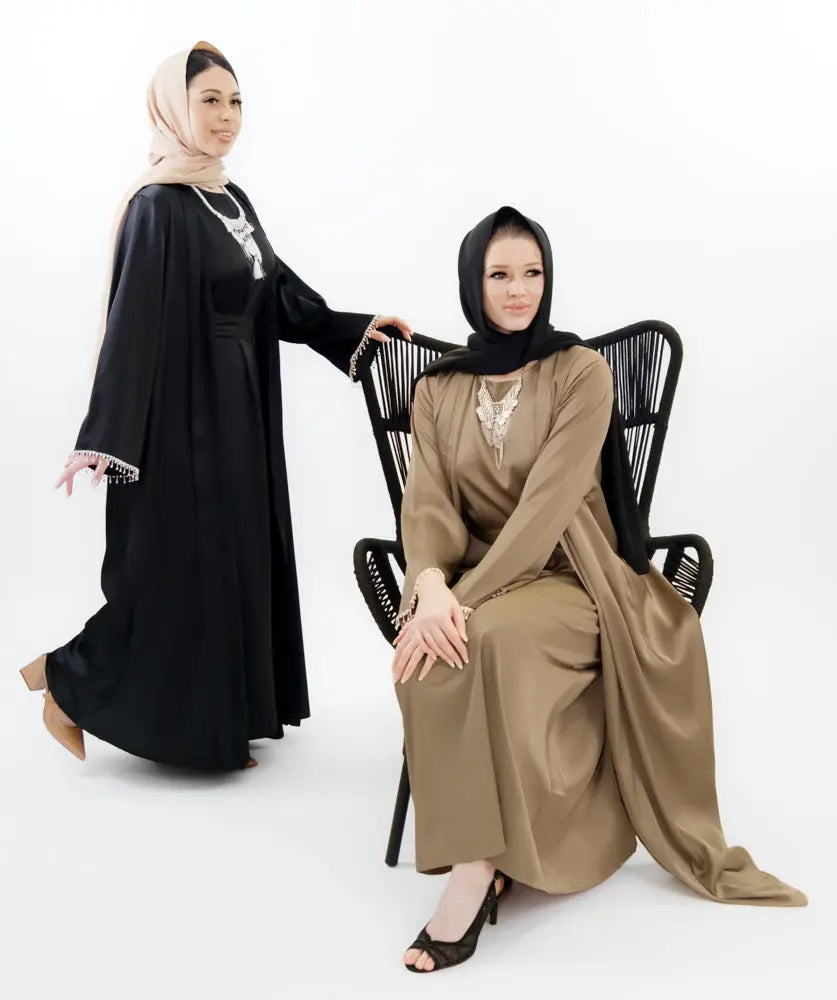 Three-piece textured abaya set with crystal lace, including a flowing cardigan, soft liner, and adjustable belt. Luxurious, breathable, and perfect for modest fashion | Ivory