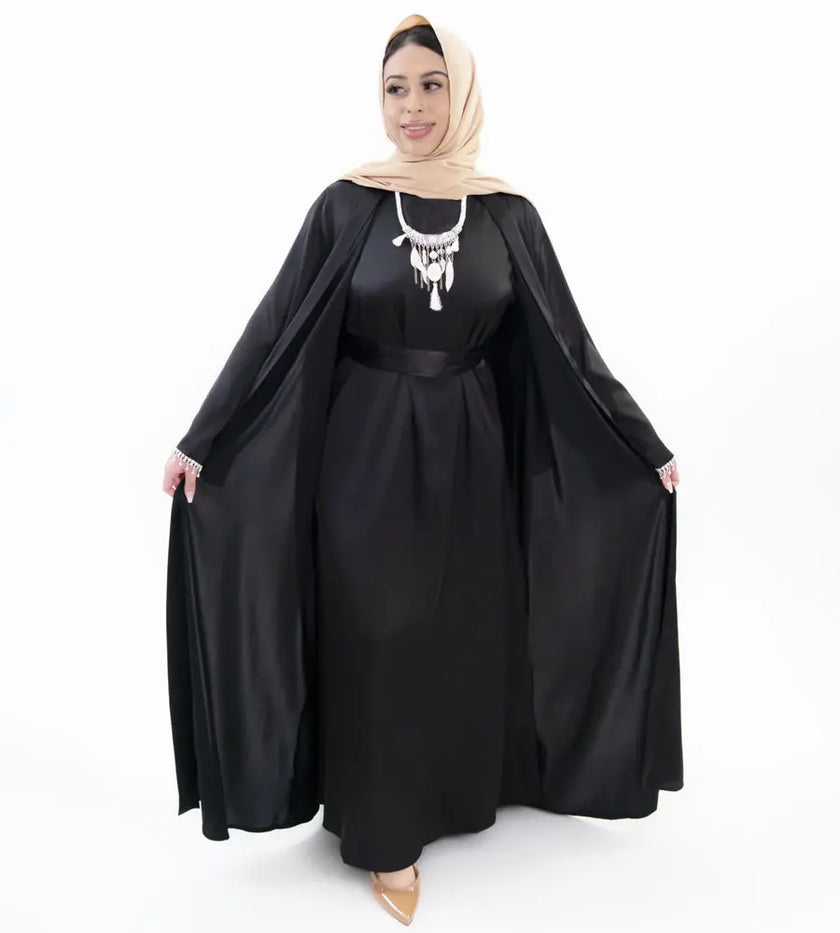 Three-piece textured abaya set with crystal lace, including a flowing cardigan, soft liner, and adjustable belt. Luxurious, breathable, and perfect for modest fashion | Black