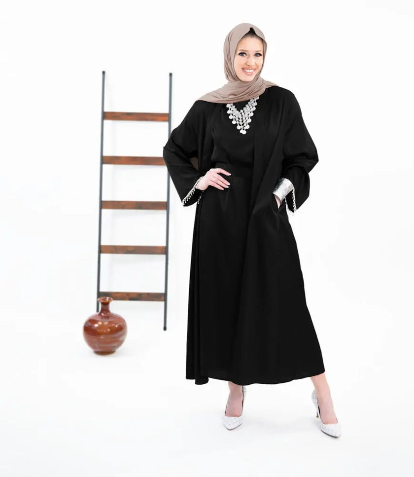 Three-piece textured abaya set with crystal lace, including a flowing cardigan, soft liner, and adjustable belt. Luxurious, breathable, and perfect for modest fashion | Black