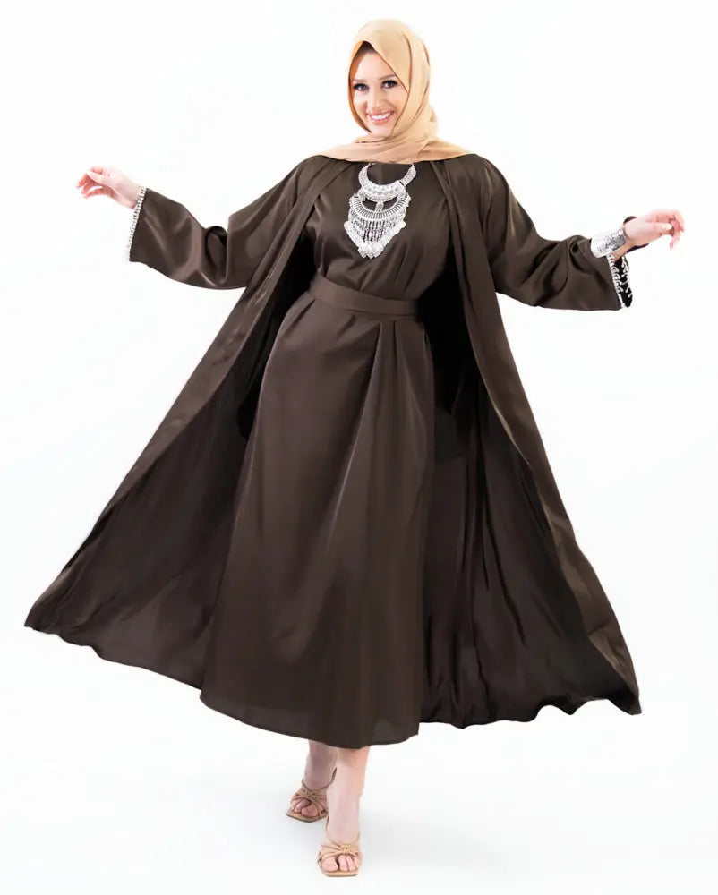 Three-piece textured abaya set with crystal lace, including a flowing cardigan, soft liner, and adjustable belt. Luxurious, breathable, and perfect for modest fashion | Coffee