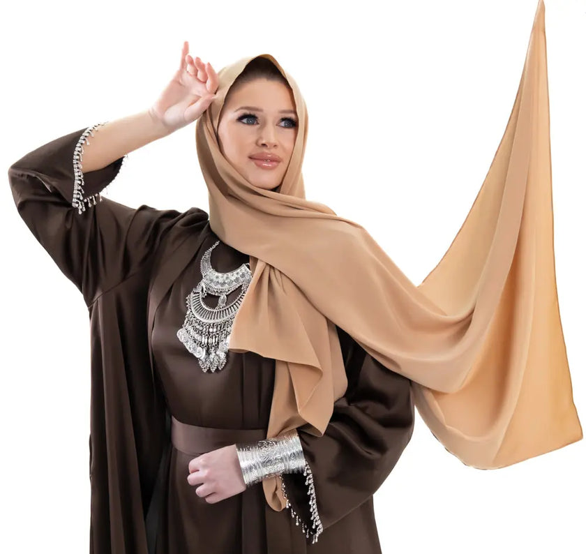 Three-piece textured abaya set with crystal lace, including a flowing cardigan, soft liner, and adjustable belt. Luxurious, breathable, and perfect for modest fashion | Coffee