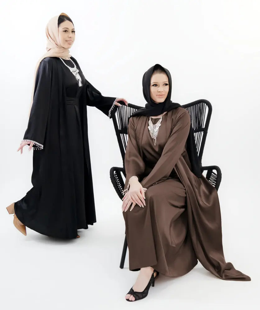 Three-piece textured abaya set with crystal lace, including a flowing cardigan, soft liner, and adjustable belt. Luxurious, breathable, and perfect for modest fashion | Coffee