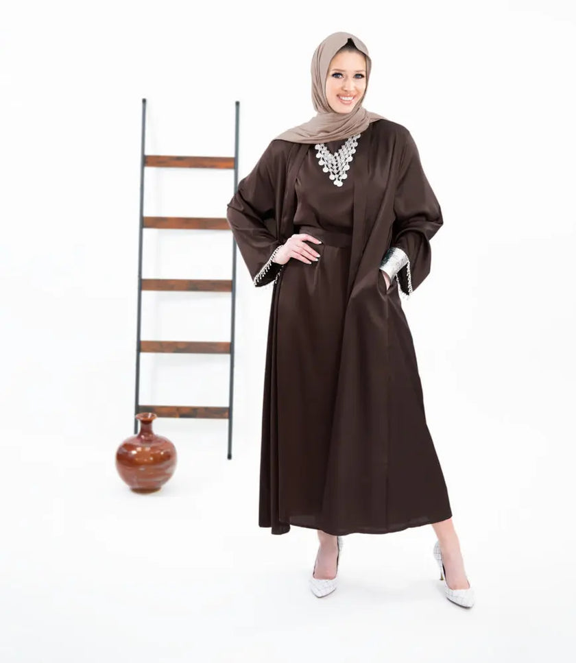 Three-piece textured abaya set with crystal lace, including a flowing cardigan, soft liner, and adjustable belt. Luxurious, breathable, and perfect for modest fashion | Coffee