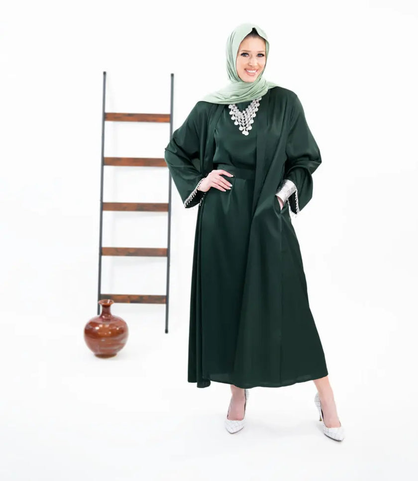 Three-piece textured abaya set with crystal lace, including a flowing cardigan, soft liner, and adjustable belt. Luxurious, breathable, and perfect for modest fashion | Green