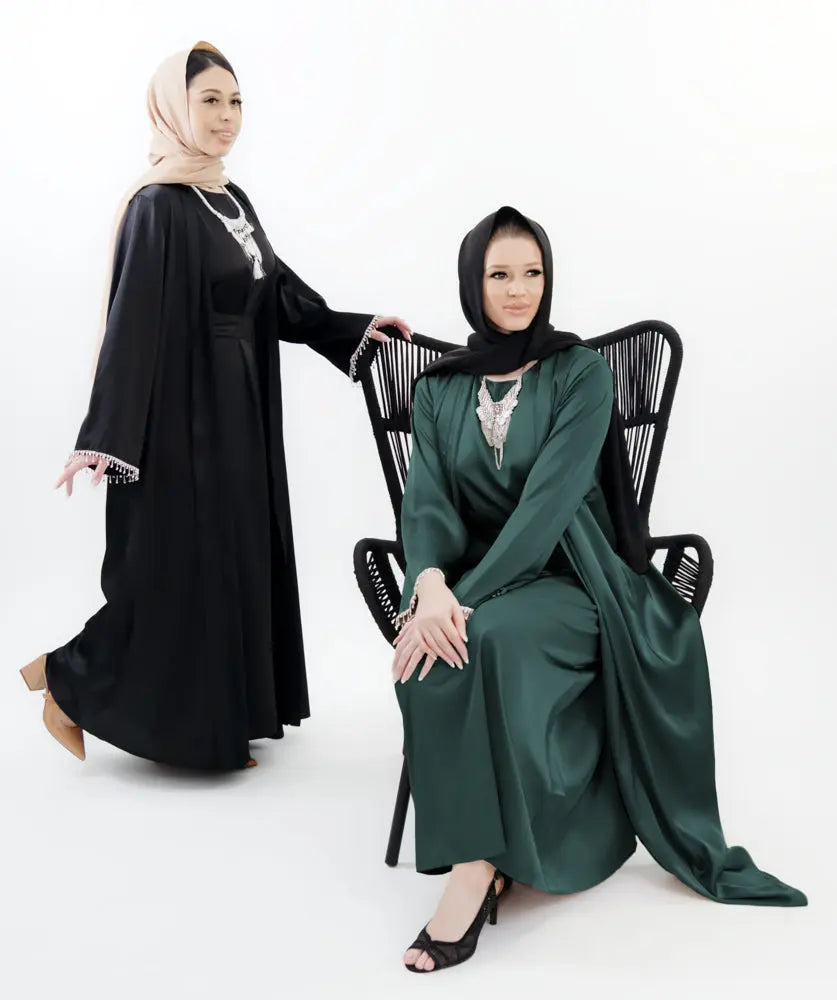 Three-piece textured abaya set with crystal lace, including a flowing cardigan, soft liner, and adjustable belt. Luxurious, breathable, and perfect for modest fashion | Black