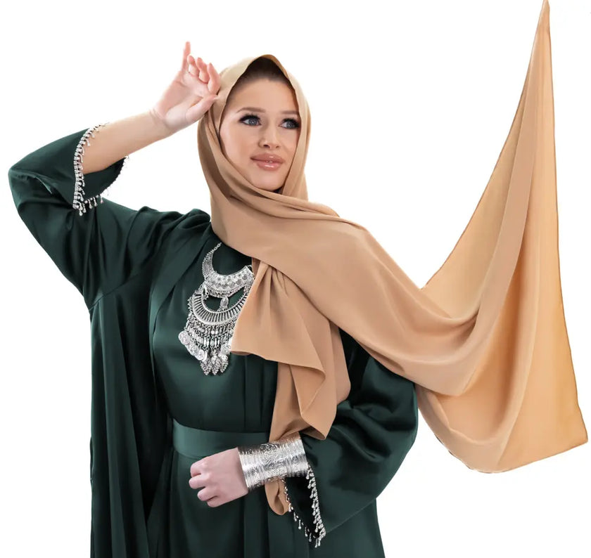 Three-piece textured abaya set with crystal lace, including a flowing cardigan, soft liner, and adjustable belt. Luxurious, breathable, and perfect for modest fashion | Green