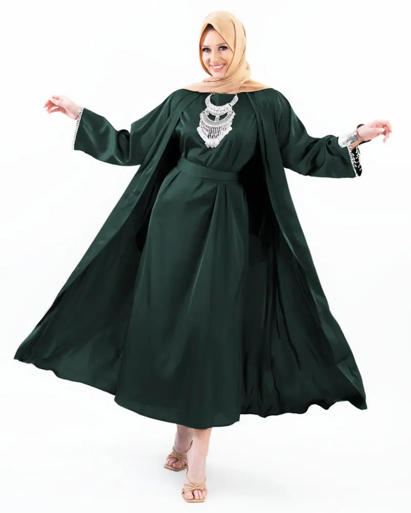 Three-piece textured abaya set with crystal lace, including a flowing cardigan, soft liner, and adjustable belt. Luxurious, breathable, and perfect for modest fashion | Green