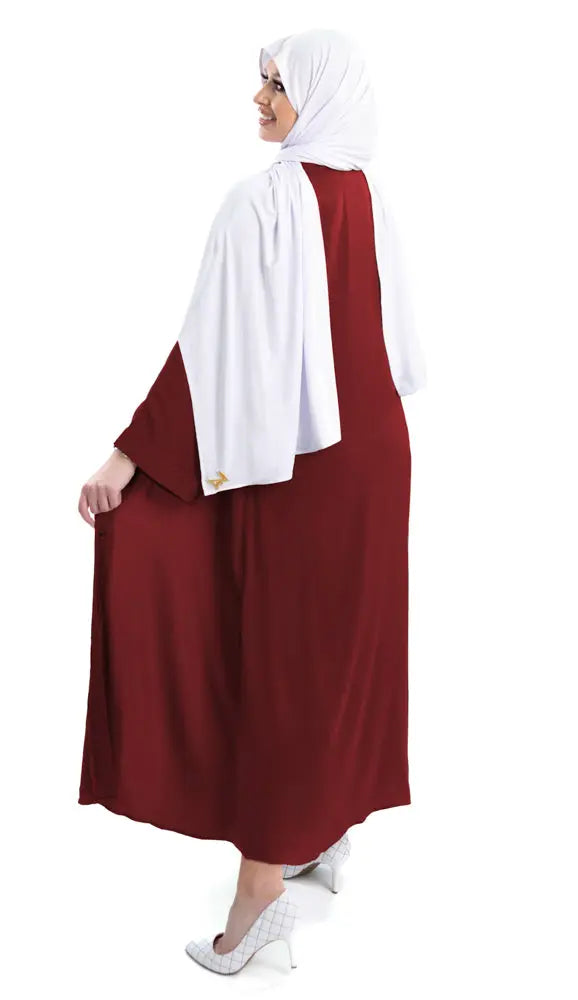 Three-piece textured silk abaya set with a flowing cardigan, matching liner, and adjustable belt for a sophisticated modest look. Lightweight, breathable | Red