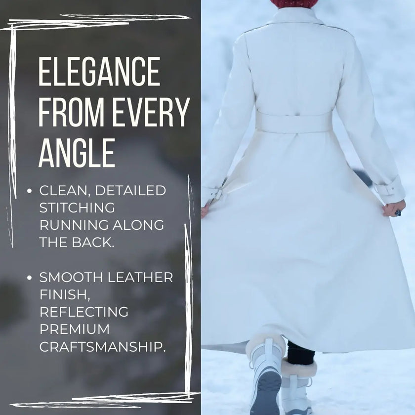 Elegant white leather long coat with a zipper and collar, perfect for versatile styling as a warm cardigan or chic dress. A stylish addition for casual or formal occasions | White