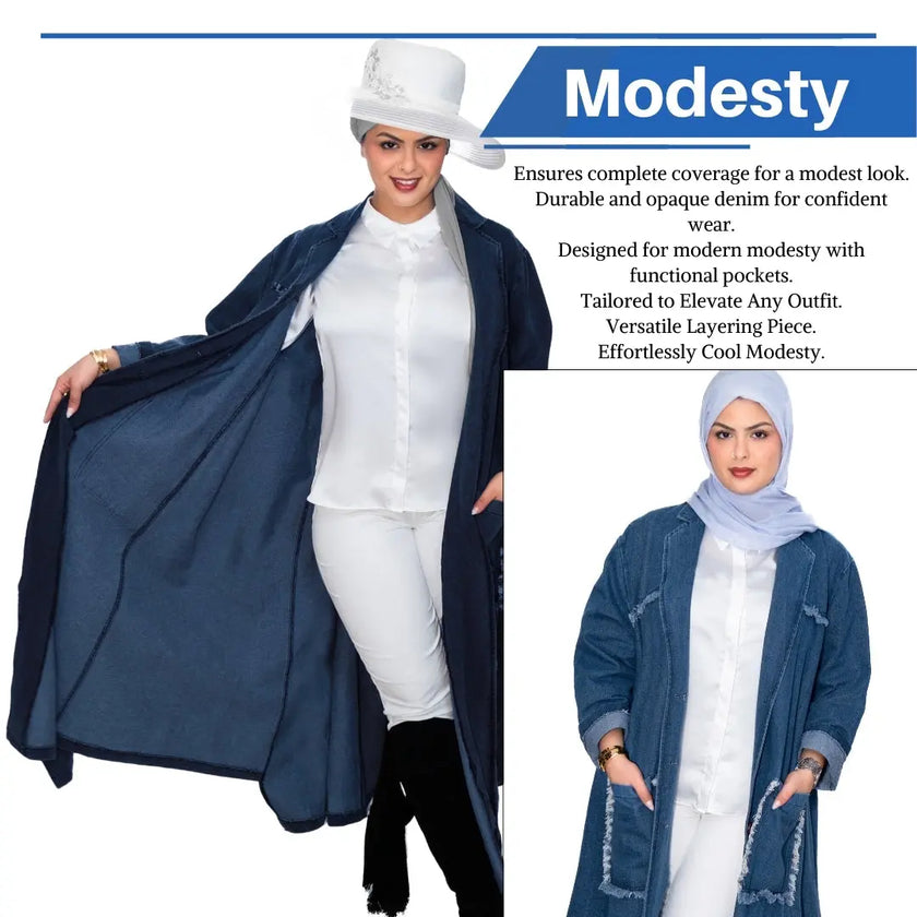 Denim long jacket with two large side pockets, intricate front and back details, and button closure, ideal for pairing with pants, shirts, or abaya. Stylish and versatile | Blue