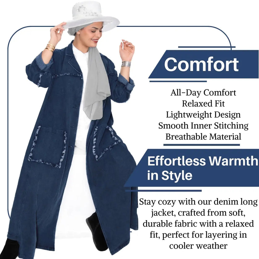 Denim long jacket with two large side pockets, intricate front and back details, and button closure, ideal for pairing with pants, shirts, or abaya. Stylish and versatile | Blue