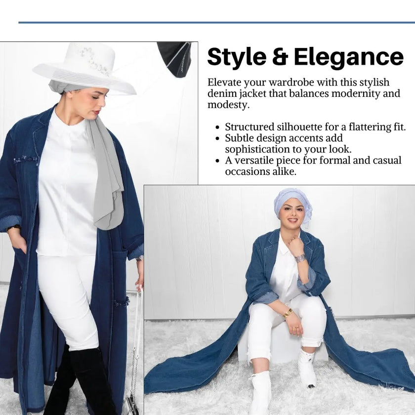 Denim long jacket with two large side pockets, intricate front and back details, and button closure, ideal for pairing with pants, shirts, or abaya. Stylish and versatile | Blue