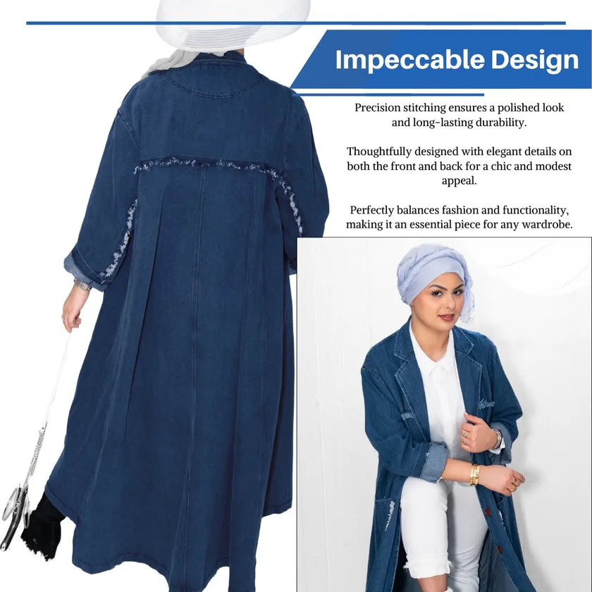 Denim long jacket with two large side pockets, intricate front and back details, and button closure, ideal for pairing with pants, shirts, or abaya. Stylish and versatile | Blue