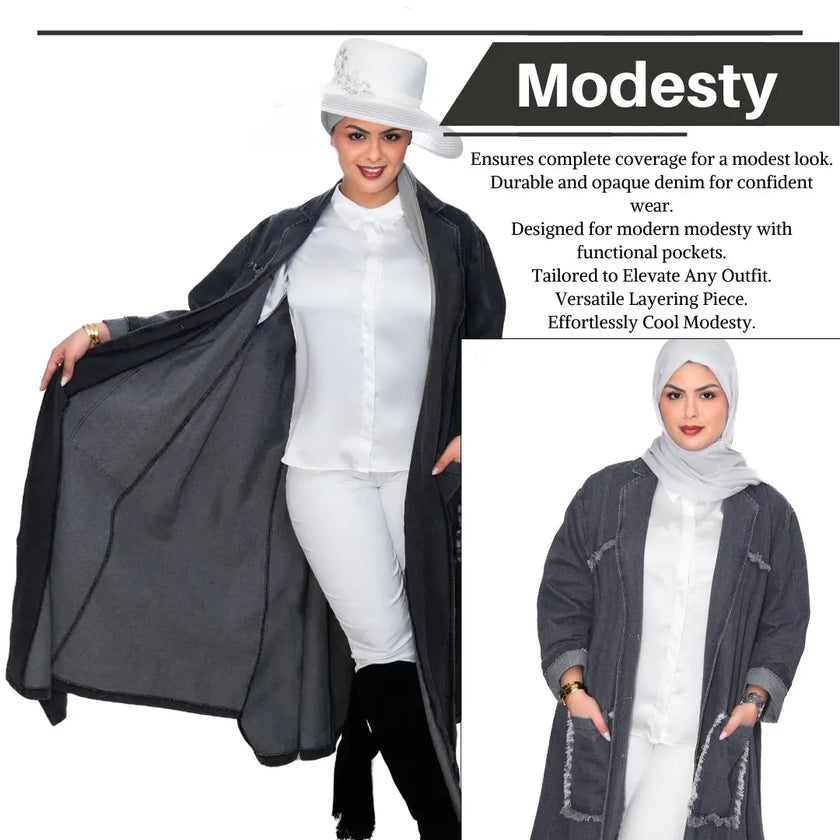 Denim long jacket with two large side pockets, intricate front and back details, and button closure, ideal for pairing with pants, shirts, or abaya. Stylish and versatile | Gray