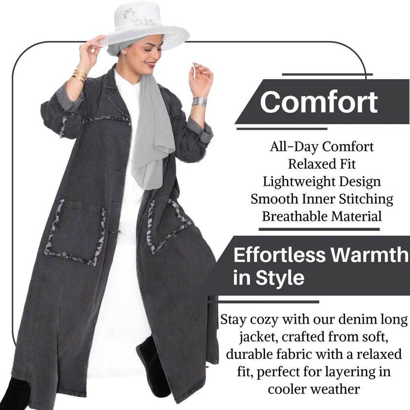 Denim long jacket with two large side pockets, intricate front and back details, and button closure, ideal for pairing with pants, shirts, or abaya. Stylish and versatile | Gray