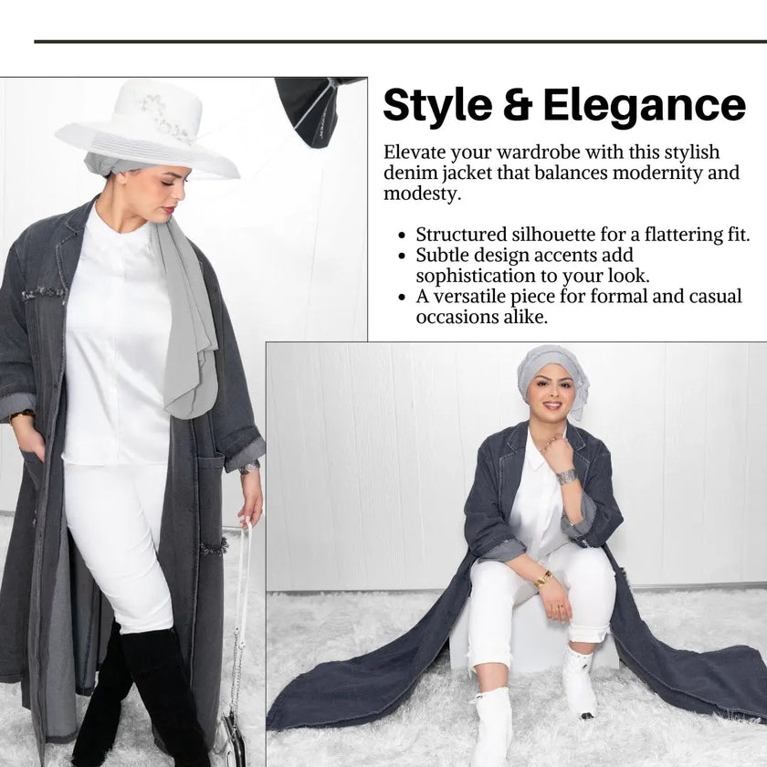 Denim long jacket with two large side pockets, intricate front and back details, and button closure, ideal for pairing with pants, shirts, or abaya. Stylish and versatile | Gray