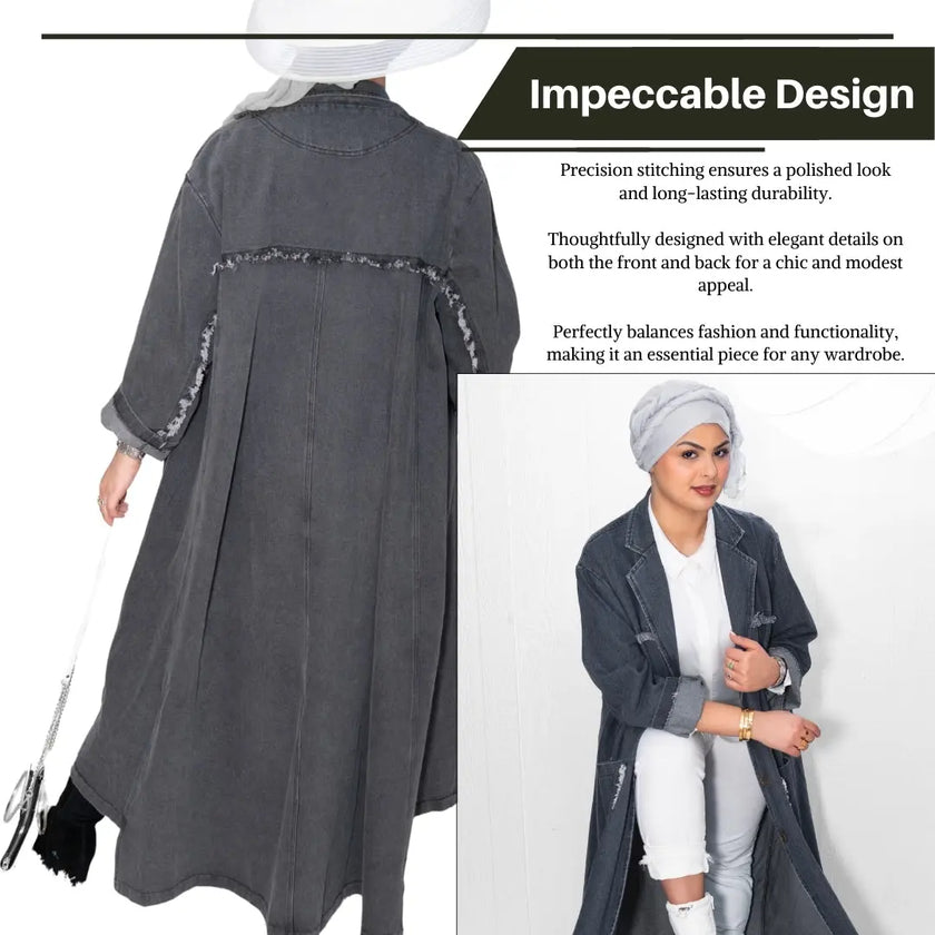 Denim long jacket with two large side pockets, intricate front and back details, and button closure, ideal for pairing with pants, shirts, or abaya. Stylish and versatile | Gray
