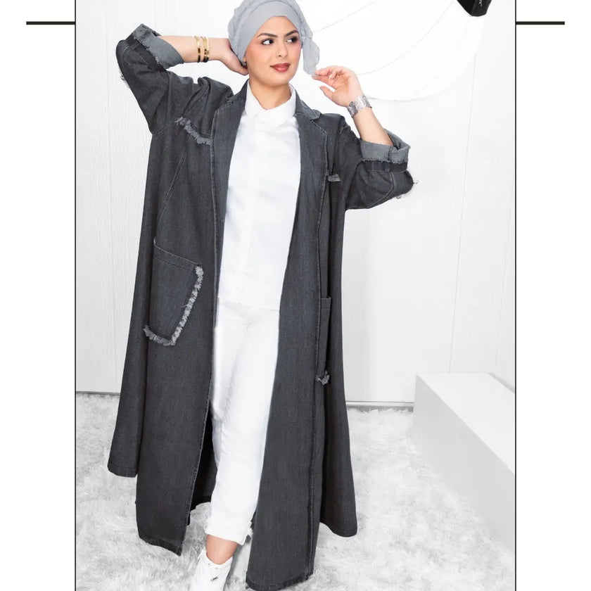 Denim long jacket with two large side pockets, intricate front and back details, and button closure, ideal for pairing with pants, shirts, or abaya. Stylish and versatile | Gray